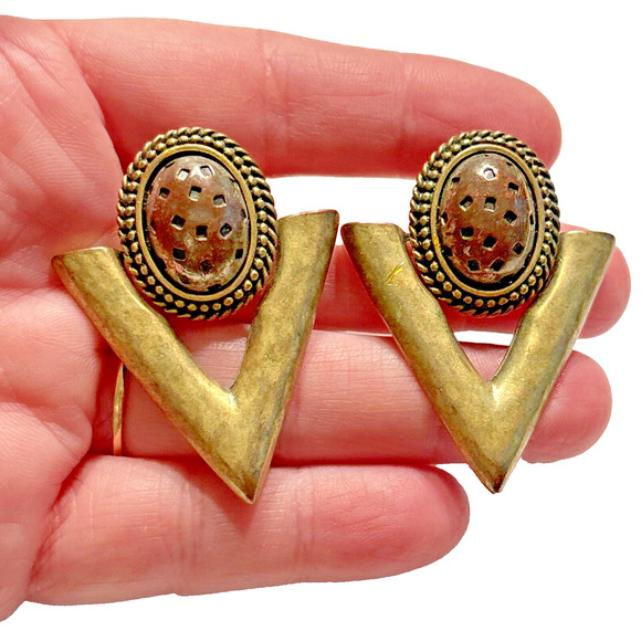 Pierced Earrings Hammered Gold & Black Doorknockers Geometric Mod Vintage 1980s - Picture 5 of 6